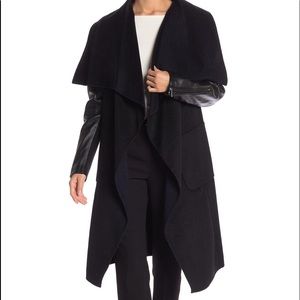 Women's Black Fiona Leather Sleeve Wool Blend Coat
